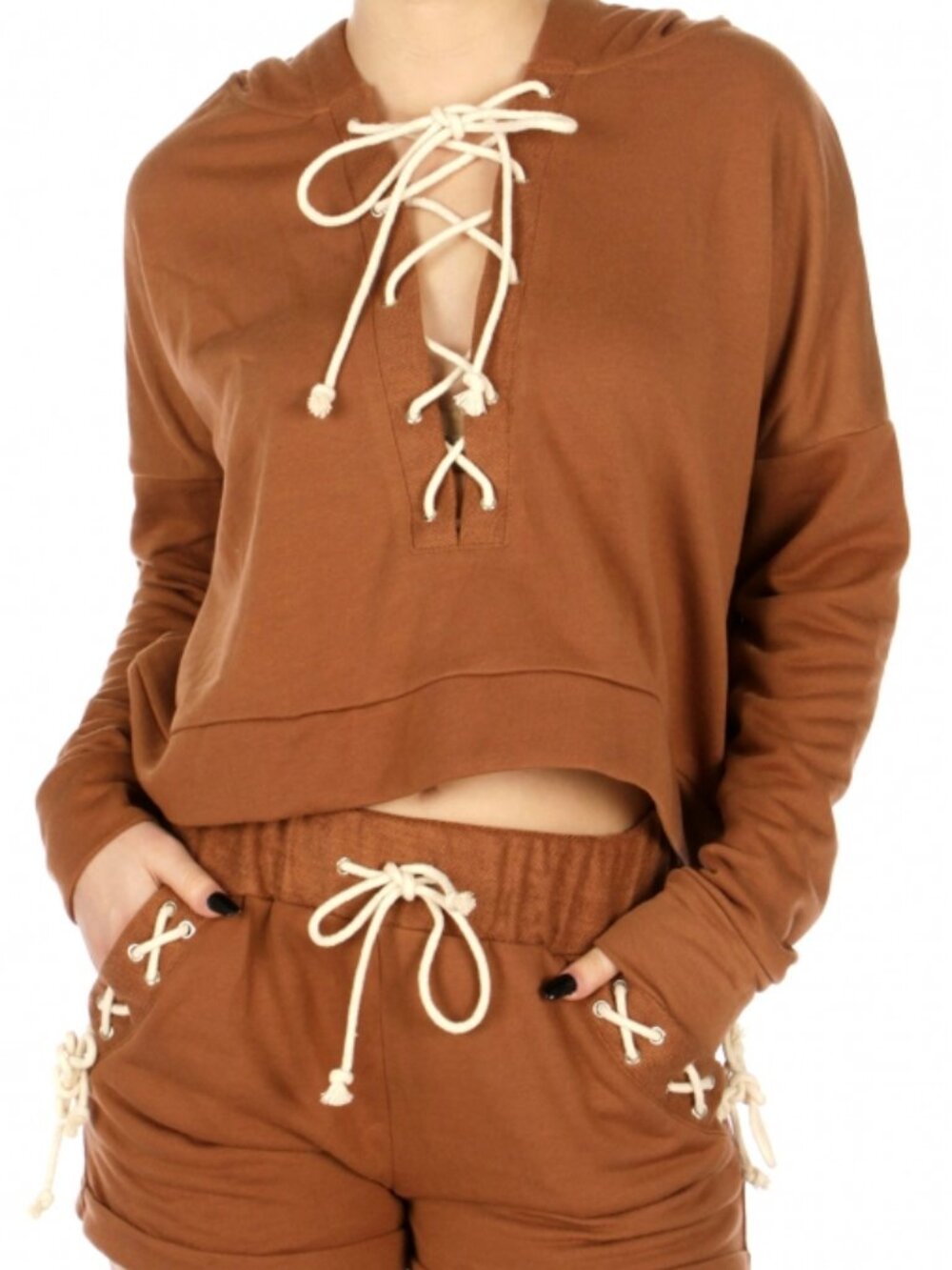 Ellie & Kate Tie front hooded top and shorts set MOCHA